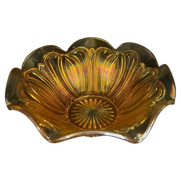 Vintage 70s Amber/Marigold Carnival Glass Bowl w Herringbone Ruffled Edge - Picture 3 of 11